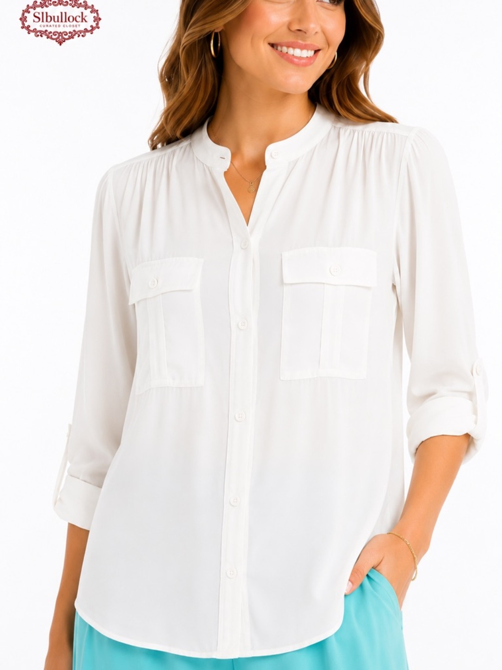 Carlisle Collection Size 6 Echo White Silk Blend Button Front Blouse NWT